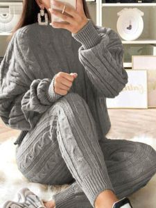 Survêtements grande taille pour femmes LW épaule tombante pantalon en tricot ensemble à manches longues tricoté décontracté deux pièces pull haut épais chandails 230130
