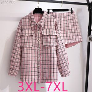 Femmes grande taille survêtements nouveau 2021 automne hiver grande taille femmes vêtements grand ample à manches longues rose plaid blazers et shorts deux pièces ensembles 3XL 4XL 5XL L220905