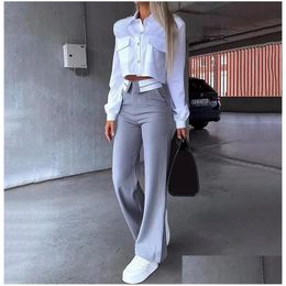 Socias de pistas de tallas de talla grande para mujeres Juegos de pantalones para mujer 2 piezas estilo blazers cortos pantalones rectos traje de primavera dh6oe