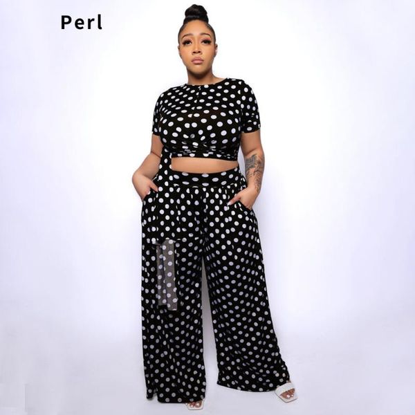 Survêtements grande taille pour femmes Perl Vintage Wave Dot Crop Top Pantalon ample Costume Tenue d'été Femmes Ensemble assorti Mode Deux pièces Survêtement 3X