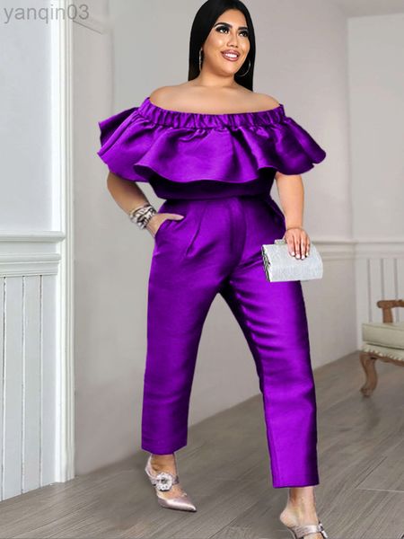 Survêtements grande taille pour femmes Plus Size 2 Ensemble délicat Femmes Shiny Crop Tops Y2K Summer Bare Shoulder Ruffles Sweet Blouse Long Pocket Pants Suit for Women 2022 L220905