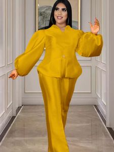 Tracksuits voor dames plus size sets 3xl Long Lantern Sleeve Yellow Tops en Wide Let Pants Suits Office Lady Evening Birthday Party Two Piece Set 230511