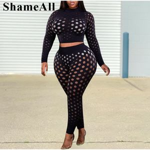 Survêtements de grande taille pour femmes Sexy évider 2 ensembles de deux pièces 4XL haut court à manches longues voir à travers Hipster Legging boîte de nuit Outfis moulante Co Ord 230905