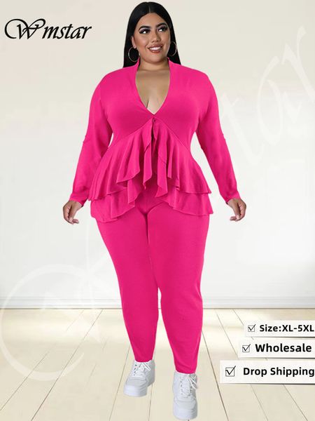 Survêtements de grande taille pour femmes Wmstar deux pièces tenues femmes col en V volants ourlet haut leggings ensembles solide stretch survêtement en gros goutte 230130