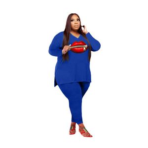 Dames plus size tracksuits vrouwen kleding sexy v kraag lippen met lange mouwen patroon rits zijkant split vork tops strakke broek sets stedelijk casual