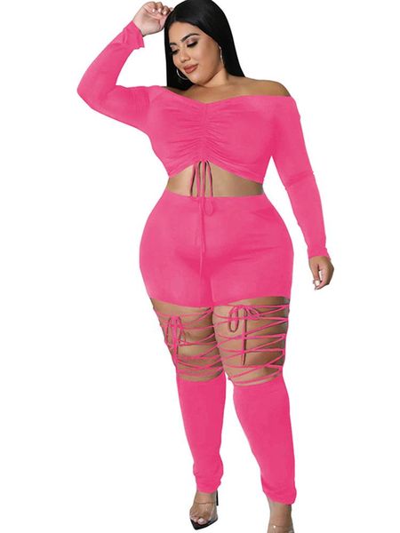 Femmes Plus Taille Survêtements Femmes Ensembles Vêtements Slash Cou Crop Tops Et Pantalon Costume Ensemble Mode Solide Cordon À Lacets Creux Sexy TenuesW