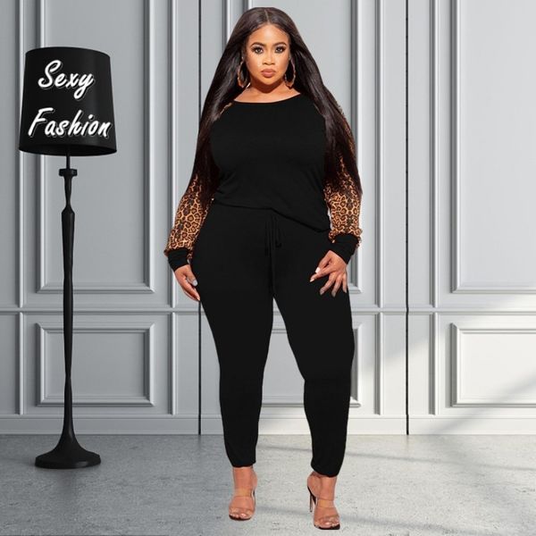 Survêtements pour femmes grande taille WSFEC XL5XL vente en gros automne ensemble vêtements 2 deux pièces tenues dames léopard à manches longues haut pantalon costumes femme 230905