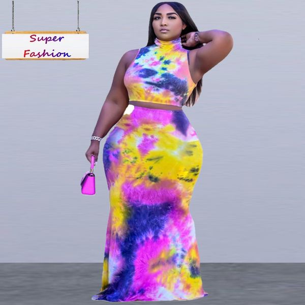 Survêtements de grande taille pour femmes XL5XL Ensembles de taille plus Femmes Vêtements d'été Sexy Tie Dye Haut sans manches et jupe longue 2 Ensemble de deux pièces Costume de robe en gros 221121