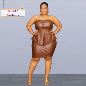 Femmes Plus Size Survêtements XL5XL Jupe Deux Pièces Ensemble Vêtements Sexy Club PU Tube Top Hip Wrap Sans Manches Moulante Lady Outfit Drop 230721