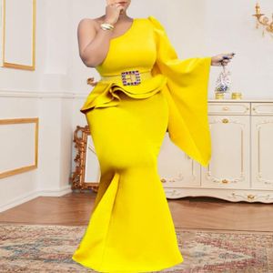 Survêtements grande taille pour femmes jaunes hauts et jupes ensemble une épaule à manches longues chemisier taille haute 3XL deux pièces fête d'anniversaire porter