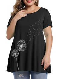 Camiseta Feminina Plus Size 4XL 5XL 6XL Camiseta Mulher Verão Manga Curta Estampa Dente-de-leão Blusa Casual Solta Oversized Tops Femininos 230705