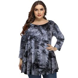 Damen Plus Size T-Shirt 4XL 5XL Tops Frauen Frühling Herbst O-Ausschnitt Langarm Tie Dye Print Retro Vintage Bluse Loose Big 230131