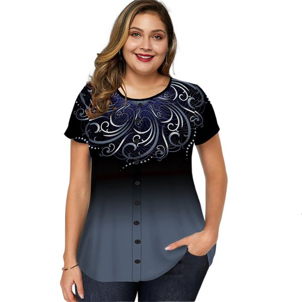 T-shirt grande taille pour femmes 6XL Plus Size Ladies Tunic Tops Women Summer Short Sleeve Boho Print Casual Loose Oversized Buttoned Peplum Top Camisas Feminina 221121