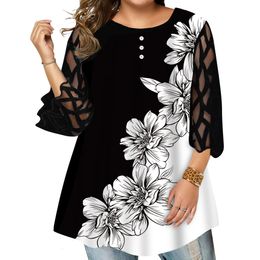 Dames Plus Size TShirt 6XL Shirt Blouse Dames SpringTops Oneck Halve mouw Kant Splice Print Boho mode Curvy Girl blouse shirt Tops 230906