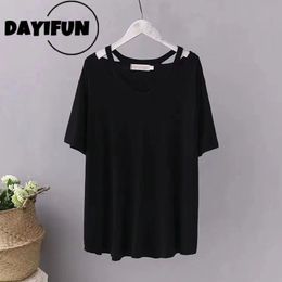 Vrouwen Plus Size T-shirt Dayifun 150Kg Vrouwen Grote T-shirts Effen Kleur Tops Lady Losse Korte Mouw Zomer V hals Hollowout Tee Femme 230705