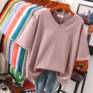 T-shirt grande taille femme EBAIHUI 100 coton L5XL T-shirt couleur unie T-shirt basique à manches courtes haut été col en V chemises surdimensionnées 230705