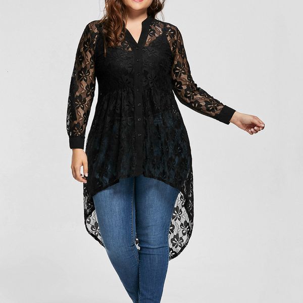 T-shirt grande taille pour femmes élégant haut en dentelle dames Blouse à manches longues chemise Perspective bouton vers le haut femme grands hauts vêtements 230705