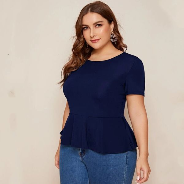 T-shirt grande taille pour femmes élégant Peplum Top femmes à manches courtes trou de serrure dos chemisier à volants femme grand décontracté bleu t-shirt t-shirt 6XL 7XL 8XL 230705