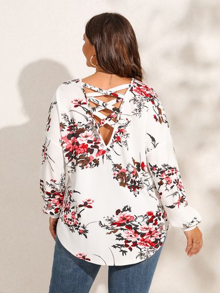 T-shirt grande taille pour femmes Finjani Plus Size Women Blouse Floral Print Criss Cross Back Blouses Curved Hem Top Elegant Women's Clothing 230715