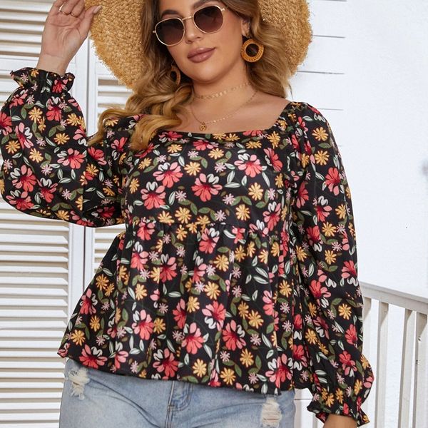 T-shirt grande taille pour femmes, imprimé floral, col carré, été, printemps, élégant, chemisier péplum, manches lanternes, décontracté, grand 7XL, 230912