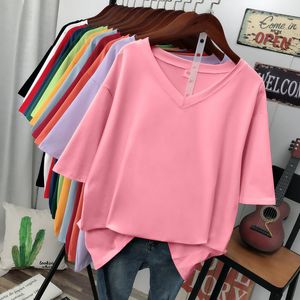 Dames plus size t -shirt l6xl shirt massief katoen v nek shirt korte mouw op basis zomerpaar roze oversized shirts 230324