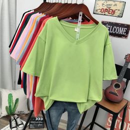 Dames Grote maten T-shirt LQSONGY T-shirt Effen T-shirt met V-hals 100% katoen L6XL Top met korte mouwen Basic Zomer Paar Oversized shirts 230919