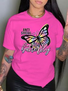 T-shirt grande taille pour femmes LW Tops Butterfly Letter Print Tshirt L5XL Régulier à manches courtes Positionnement Impression O Neck Tee pour les femmes 230906