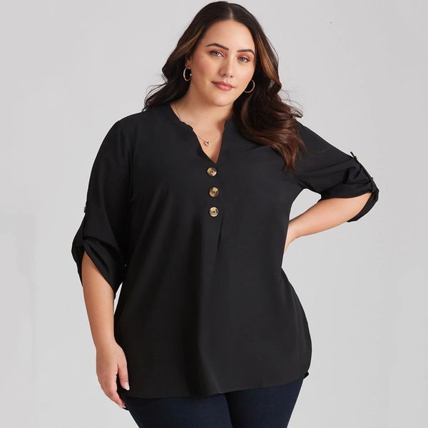 Camiseta de talla grande para mujer Cuello de muesca Primavera Otoño Blusa informal Mujer Manga enrollable Top suelto Botón grande Abajo Camisa túnica negra 6XL 230705