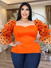 T-shirt grande taille pour femmes Orange Tops 4XL Polka Dot Flare Sleelves Office Lady Soirée Fête d'anniversaire Femmes Blouses Spring Drop 230131