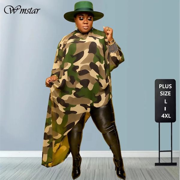 T-shirt grande taille pour femmes Tops grande taille L4xl Vente en gros Chemises à manches longues pour femmes Camouflage Lâche Casual Ourlet irrégulier Blouses en polyester Drop 231011