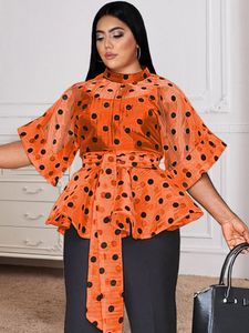 T-shirt grande taille pour femmes Sexy Voir à travers les hauts 34 manches Noir à pois Organze Blanc Orange Femmes Blouse Soirée Chemise avec ceinture 230719
