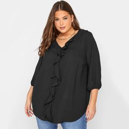 T-shirt grande taille pour femmes, sexy, col en V, été, printemps, élégant, chic, chemisier femme, volants, manches 34, décontracté, tunique noire, haut grand 6XL 7XL 230912