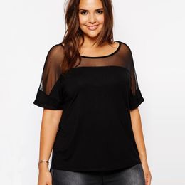 Vrouwen Plus Size T-shirt Zomer Casual Top Vrouwen Mesh Patchwork Korte Mouw Zwart Losse T-shirt Tee Vrouwelijke Kleding 6XL 7XL 8X 230705