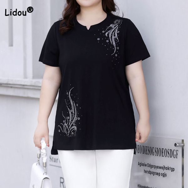 T-shirt grande taille pour femmes, vêtements d'été pour femmes, décontracté, diamants, patchwork, manches courtes, mode, col rond, pull noir, hauts amples 230912