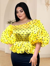 T-shirt femme grande taille chemisier 3XL 4XL épaules dénudées jaune noir à pois manches courtes bouffantes haute élastique voir à travers les chemises pour femmes 230131