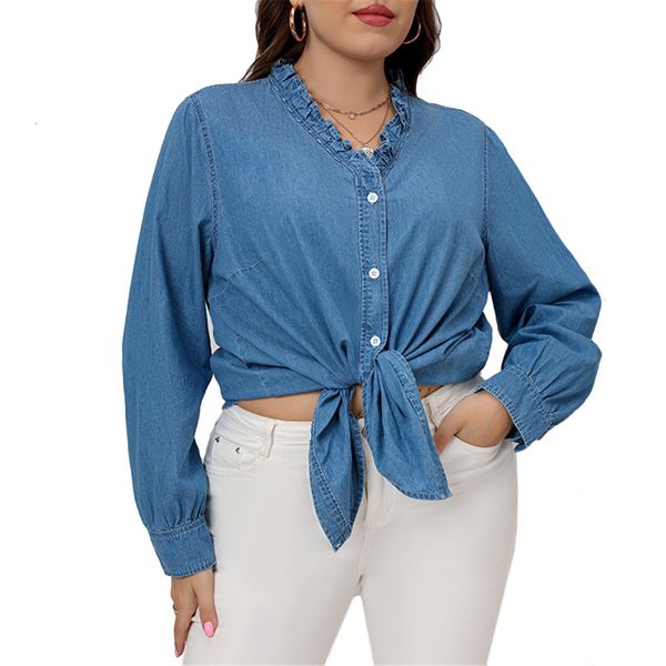 T-shirt femme grande taille femme grande chemise en jean à manches longues grande taille col en V ample Jean chemisier dames casual simple boutonnage chemise femme bleu hauts 230325