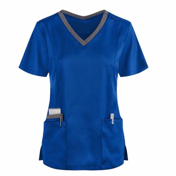 Uniforme d'allaitement de poche pour femmes, manches courtes, col en V, poches pour travailleurs de soins, hauts d'infirmière, uniformes médicaux, chemisiers a10E #