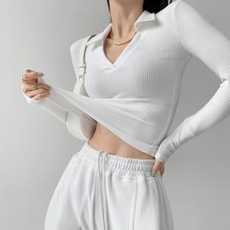 Dames polos 2023 mode sexy vneck stretch slank fit polo shirt retrospring en herfst lange mouw gebreide bodem blouse t -shirt top 230330