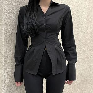 Polos pour femmes 2023 mode chemise de couleur unie polyvalente plissée rétro revers Sexy vêtements magasin d'usine ventes directes