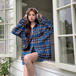 Polos pour femmes 2023 Printemps / Été Vintage Style paresseux Casual Bleu Plaid Chemise à manches longues Couple Manteau