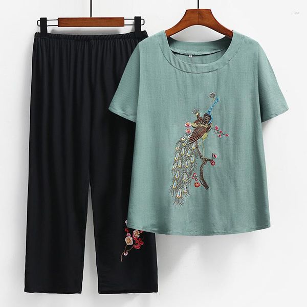 Polos de mujer, conjunto de pantalones Vintage de algodón de verano 2023, camiseta elegante de manga corta con bordado de pavo real para mujer, pantalones rectos de dos piezas