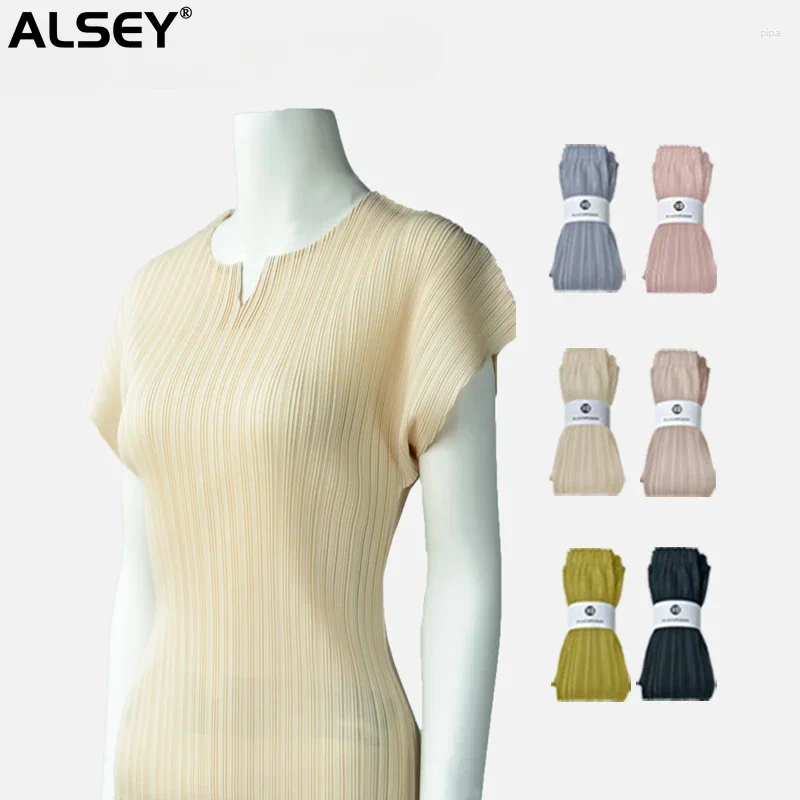 여자 폴로 폴로스 Alsey Miyake 주름 여름 디자인 백 탑 여성 패션 사무실 레이디 우아한 기질 v- 넥 스플릿 티셔츠