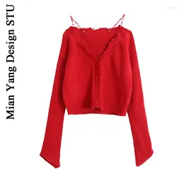 Dames Polos American Vintage Sexy Short Off-The-Shoulder Top Vrouw 2024 Red Sweater bende Feng Liang Chuan kale middenrif gebreide basis