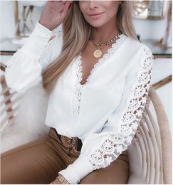 Dames Polo's Herfst Mode Witte Lange Mouwen V-hals Kant Splice Shirt Elegante Vrouwen Hol Losse Kantoor Blusas De Encaje