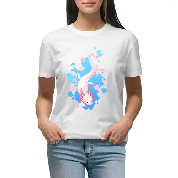 Polos pour femmes Axolotl natation avec des fleurs de cerisier T-shirt vêtements mignons t-shirts d'été hauts robe occidentale pour les femmes