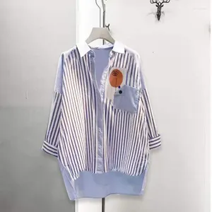 Dames PoloS Blue Vertical Stripes Color-Blocking Cotton Linen Midi Shirt Blouse Student Outfit om werk te werken
