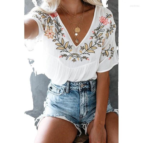 Polos de mujer estilo bohemio bordado floral blanco con cuello en V camisa de muñeca arrugada para ropa