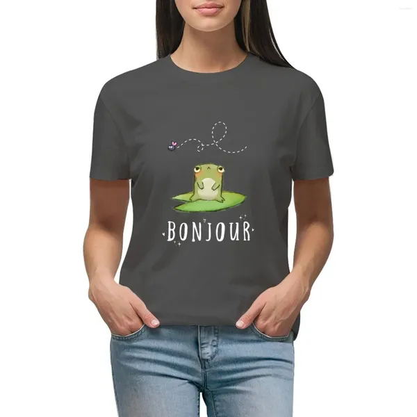 Polos Femme Bonjour!T-shirt grenouille française verte mignonne (écriture blanche), vêtements pour femmes, T-shirts Kawaii pour femmes, coupe ample