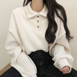 Women's Polos Brushed Hoody Women's Polo Shirt Collar Loose Long Sleeve T-shirt Bishop Sleeves Tops Coat Women White Blouses Ladies