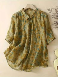 Chemise de mélange de coton à imprimé floral décontracté pour femmes - chemisier d'été à semi-semi-semi-rampe à manches mi-manches avec col